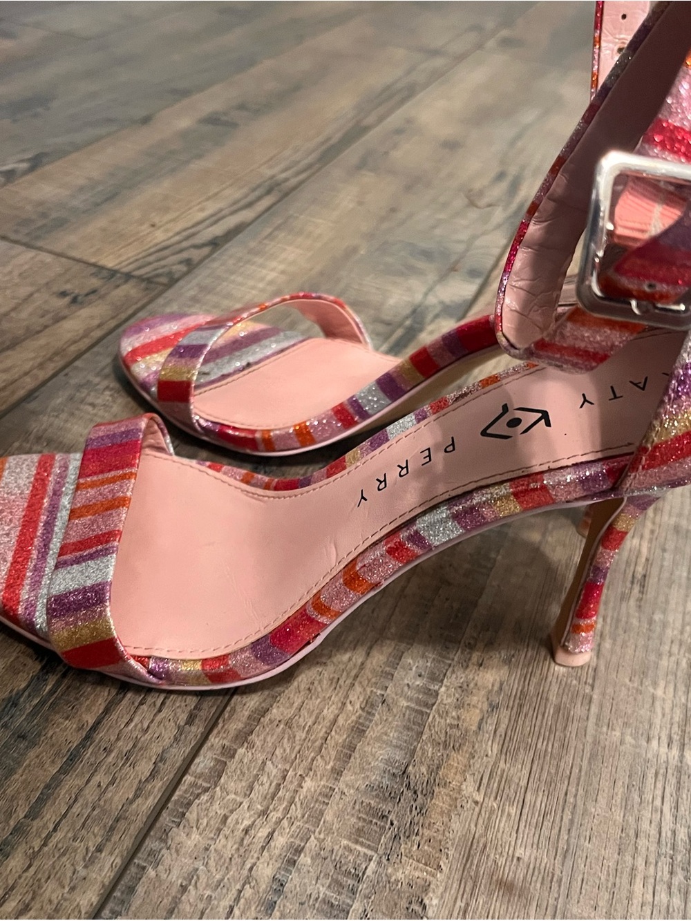 Katy Perry Collections Pink Red Orange Striped Ankle Strap Heels - Picture 2 of 4